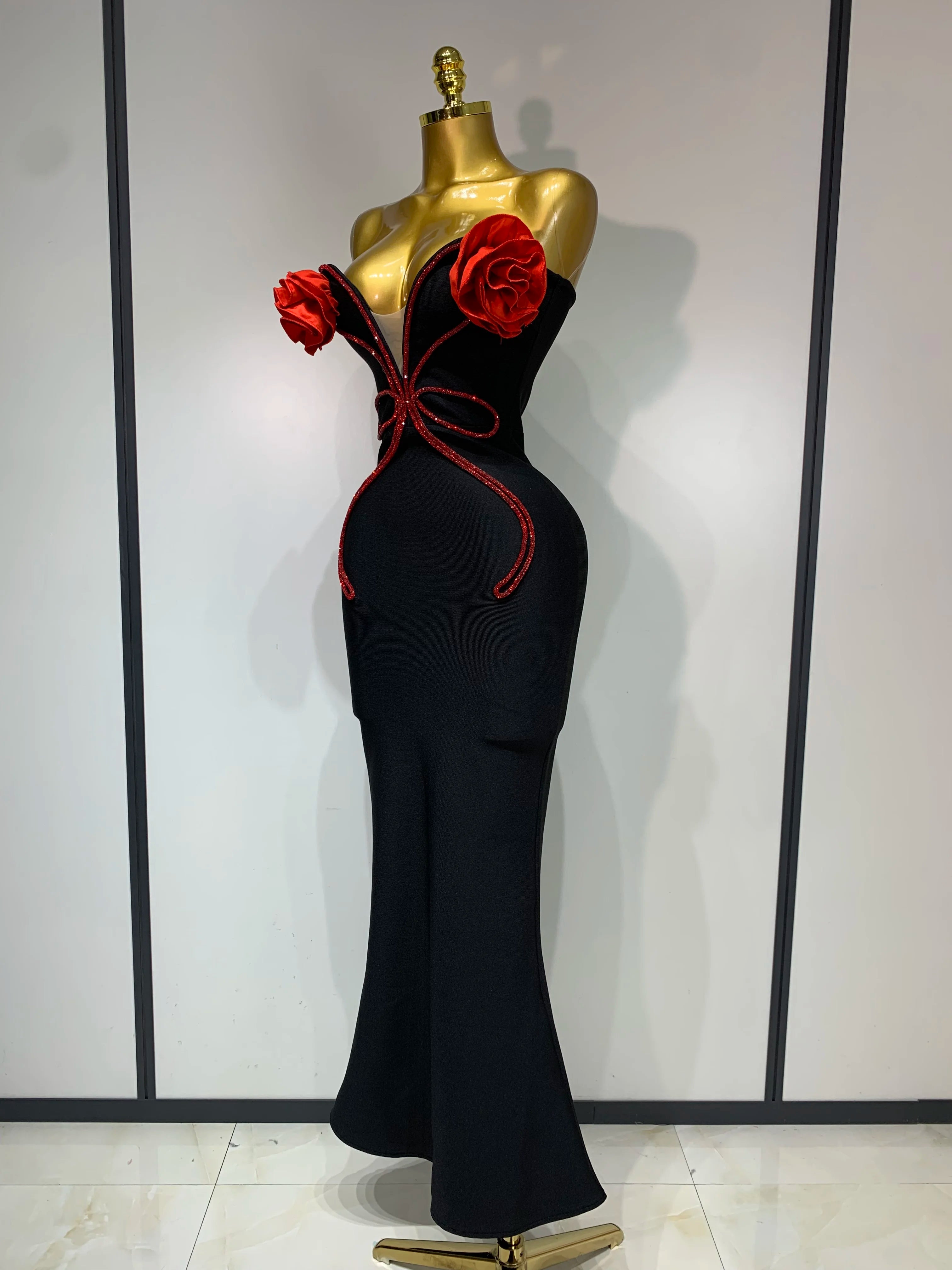 Strapless Flower Appliques Diamond Bodycon Bandage Mermaid Dress