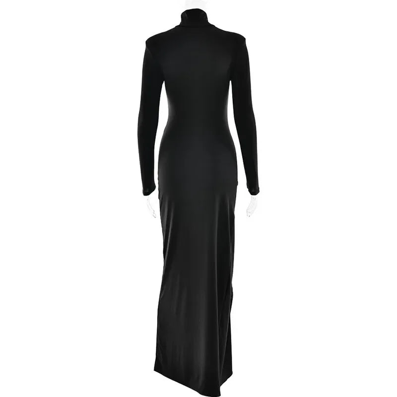 Turtleneck Thigh High Draped Bandage Bodycon Maxi Dress