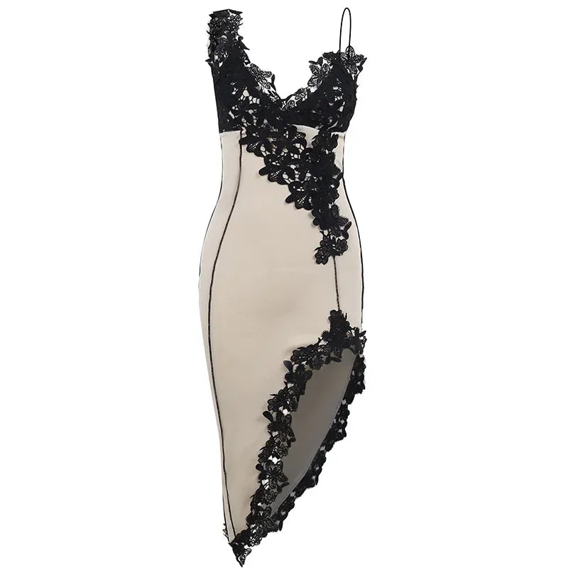 Lace Embellished Asymmetric Slit Midi Dress