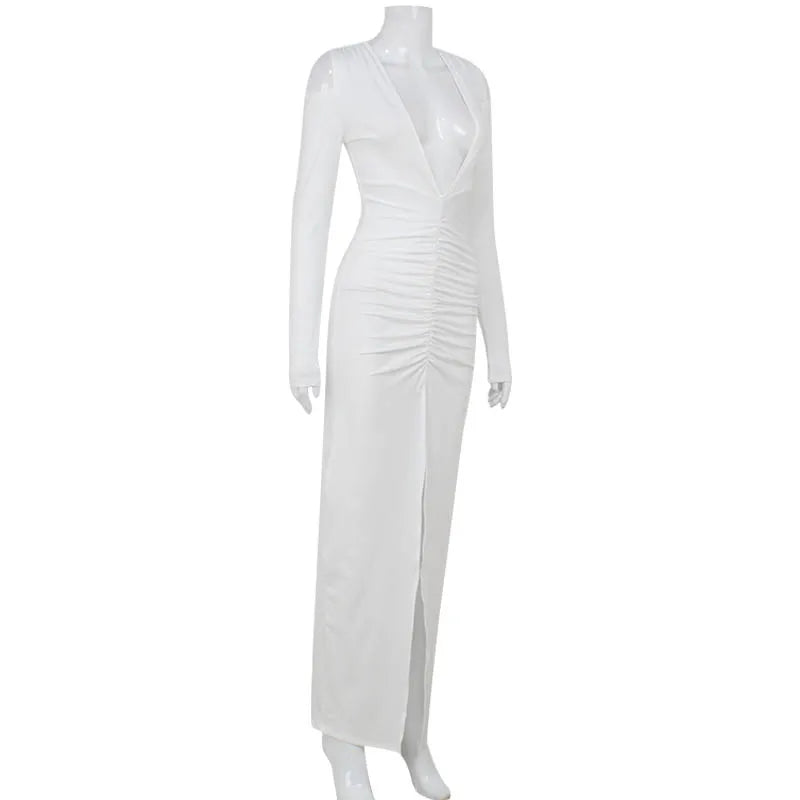 Deep V-Neck Folds Solid Long Sleeves High Split Dress