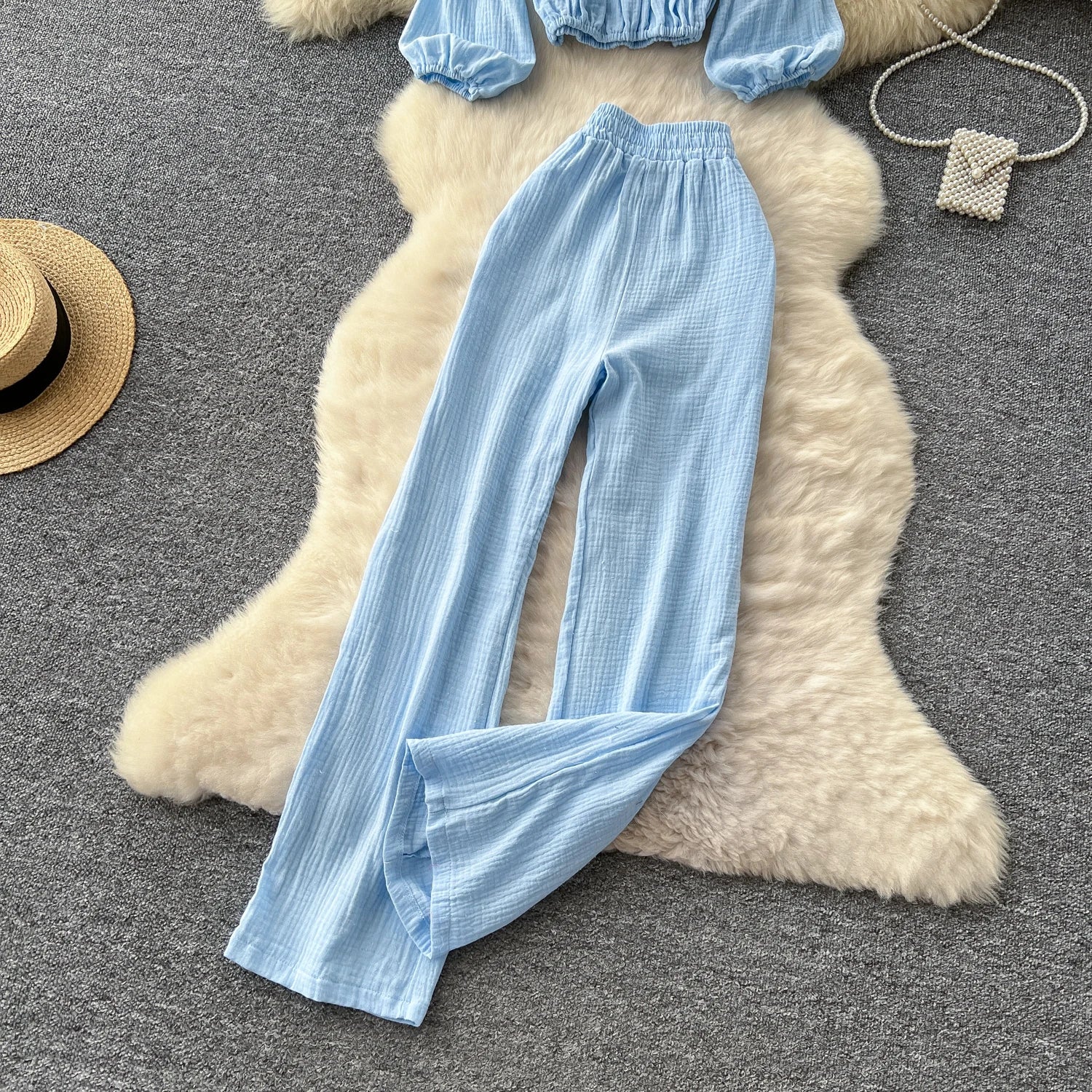 Lantern Sleeve Off Shoulder Crop Top+High Waist Wide Legs Pants Two Piece Set