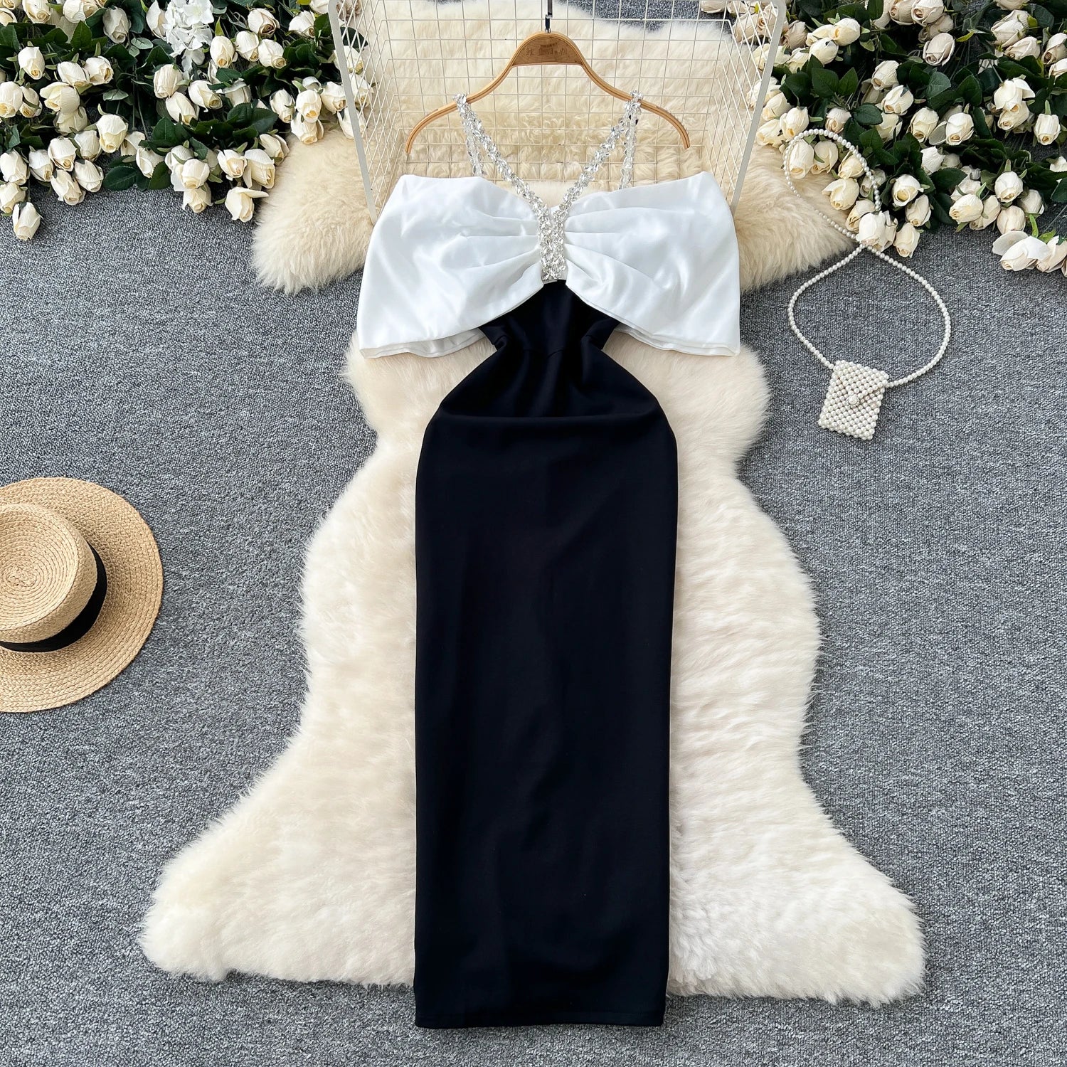 Elegant Rhinestone Chain Halter Off Shoulder Vintage Dress