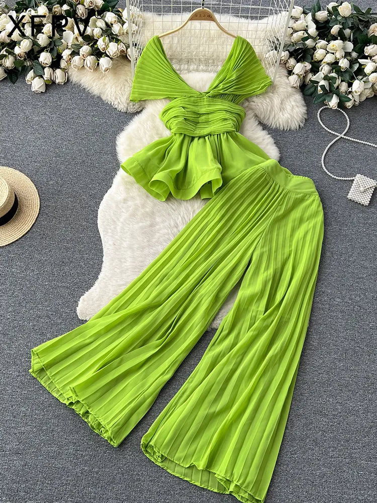 High End Elegant Pleated Sleeveless Chiffon Top+High Waist Wide Leg Pants Two Piece Set