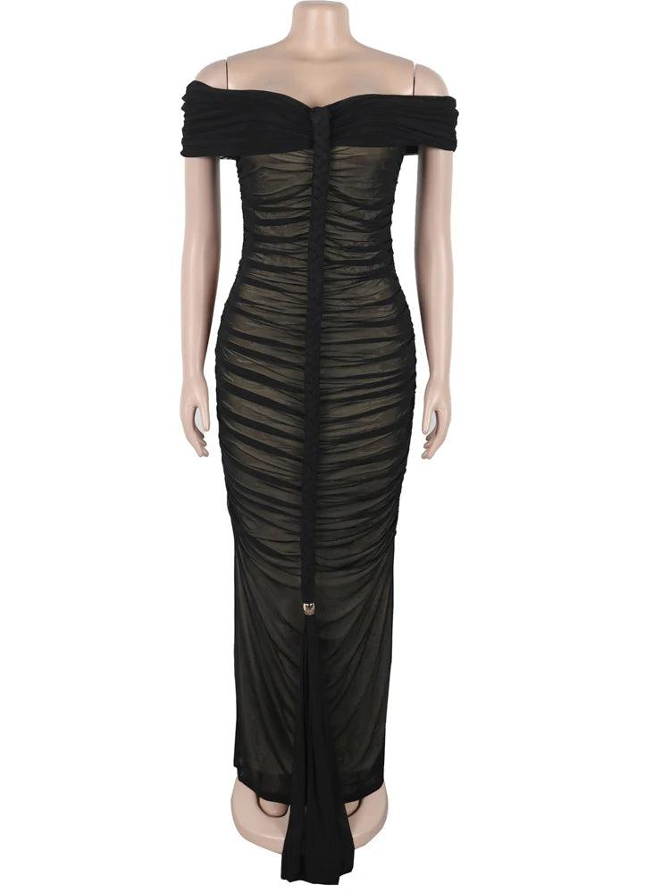 Off Shoulder Pleated Bandage Maxi Dress