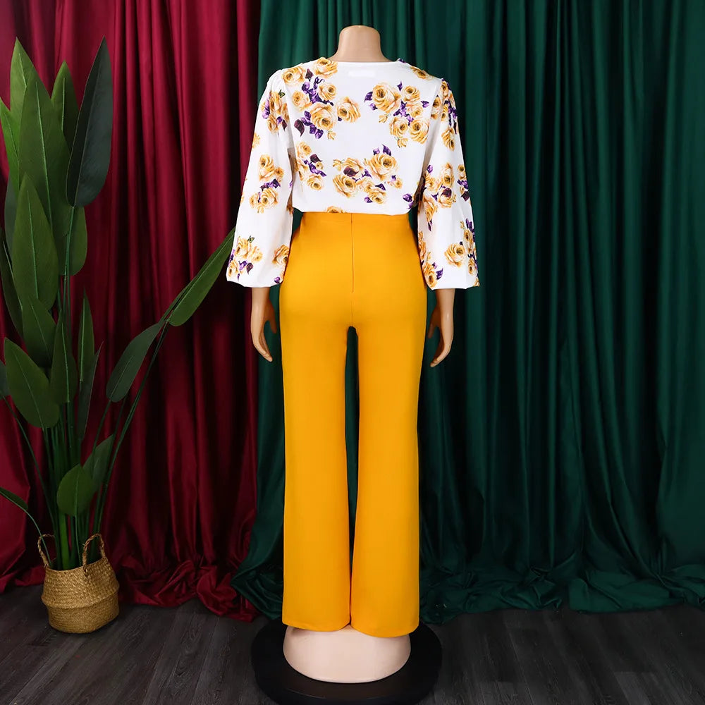 Two Piece Sets Slim Fit Print Floral Round Neck Lantern Sleeve Elegant Splice Wide Leg Long Pants