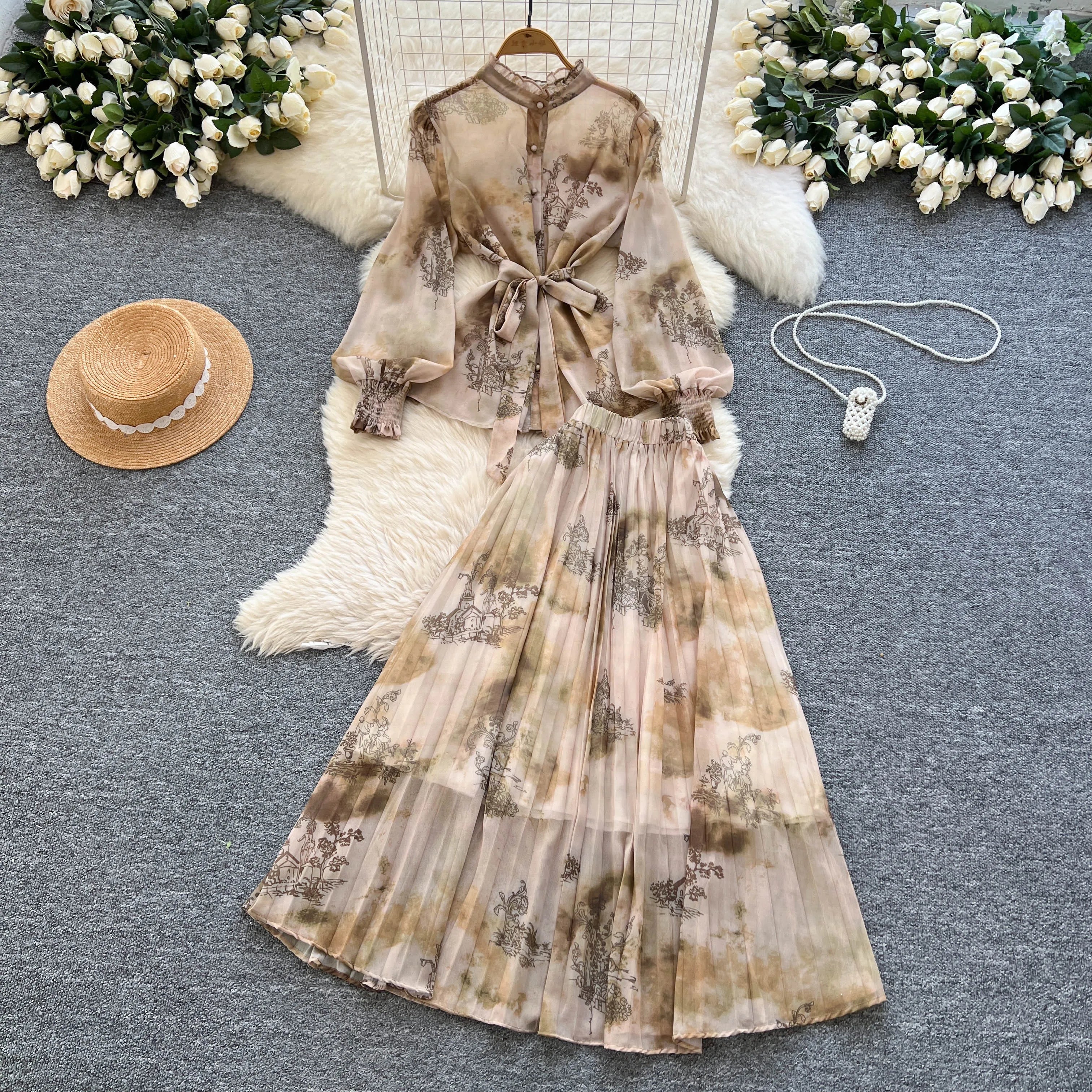Lantern Sleeves Lace Up Loose Tops+Pleated Skirt Floral Chiffon Sets