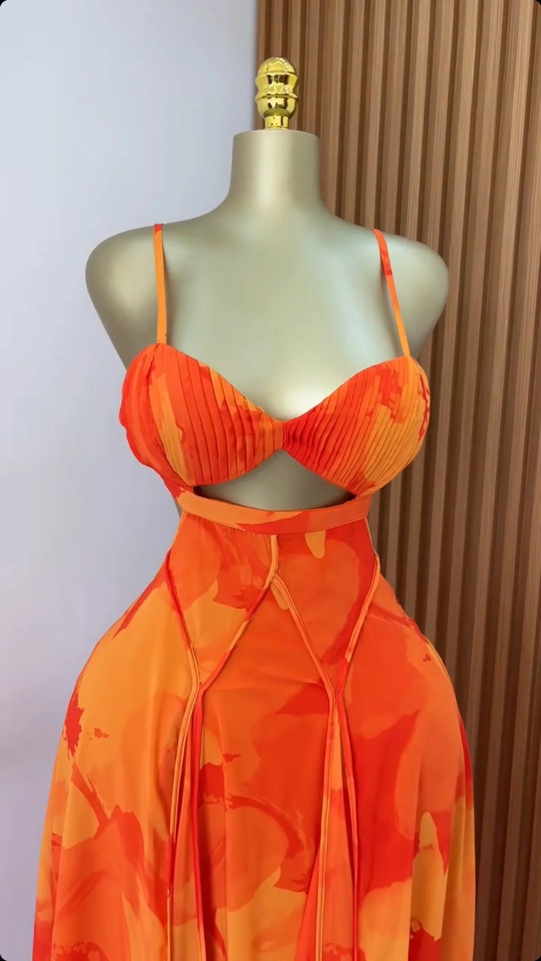 Floral Printed Strap Backless Swing Maxi Long Dress