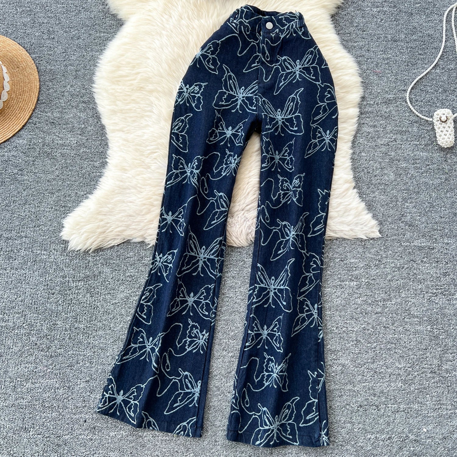 Butterfly Print Denim Two Pieces Sets Halter Strapless Slim Camis+Wide Legs Long Pant Suits