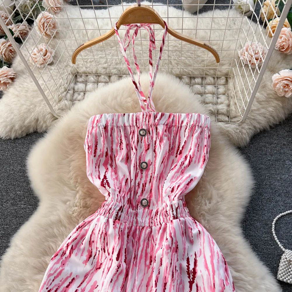 Halter Strapless Backless Loose Wide Legs Pants Beach Style Striped Jumpsuits
