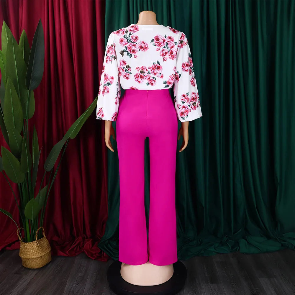 Two Piece Sets Slim Fit Print Floral Round Neck Lantern Sleeve Elegant Splice Wide Leg Long Pants