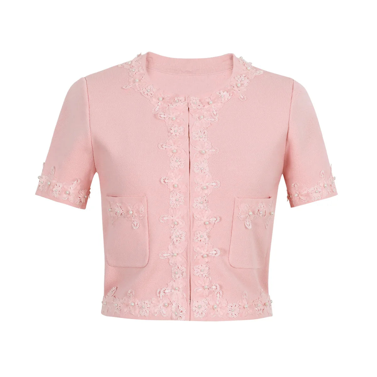 French Elegant Beaded Flower Short Sleeve Knitted Tops High Waist Slim Fit Bodycon Skirts Two-Piece Set