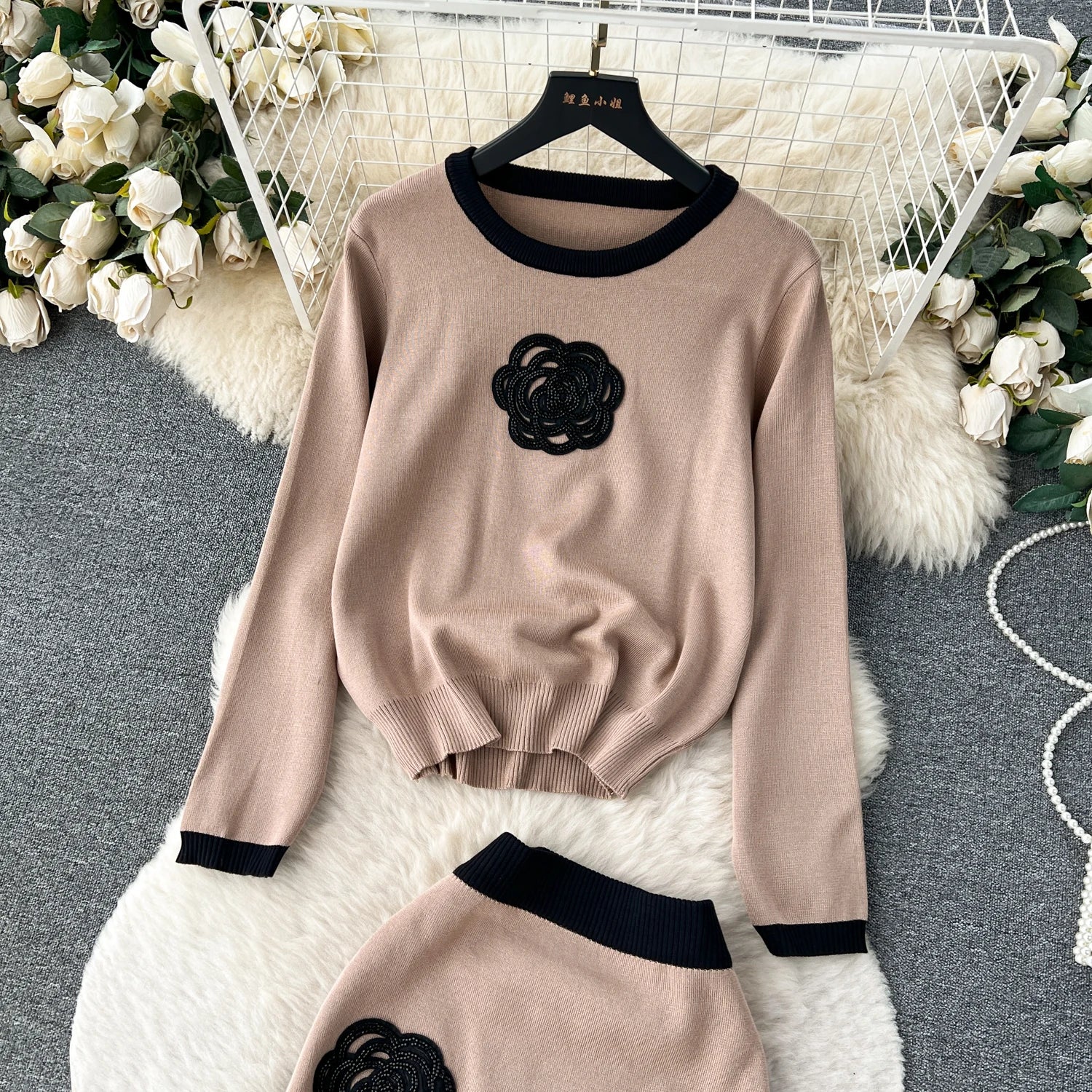 Long Sleeve Pullover Elastic Waist Long Skirt Sweater Suit