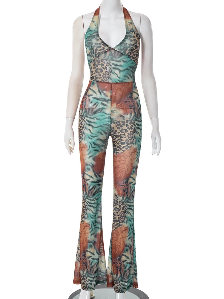 Leopard Print See Through V-Neck Halter Bandages Backless Jumpsuit