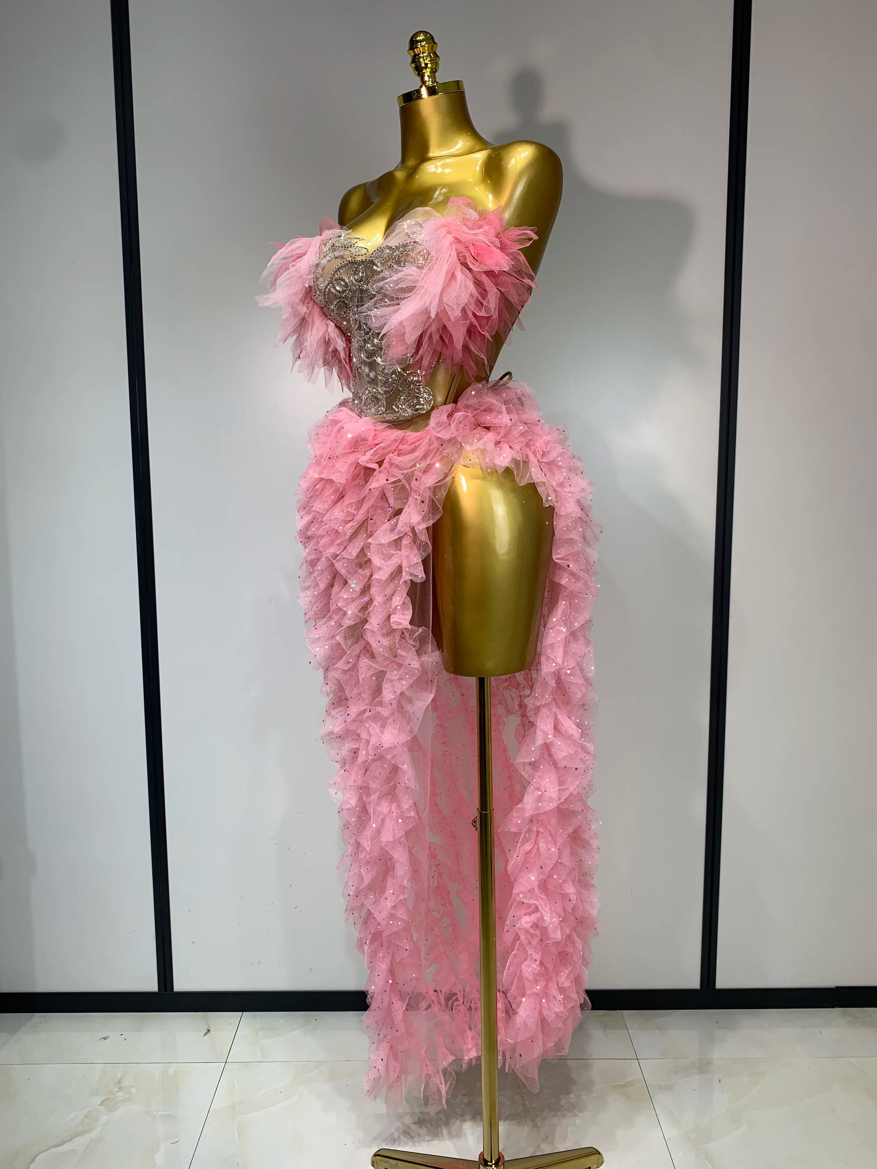Strapless Ruffles two Pieces Set Bodycon Long Dress High Split Nightclub Birthday  Dress