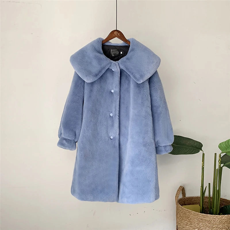 Turn Down Collar Faux Fur Long Coat Fake Mink Fur Plush Eco-coat Skirt Loose Overcoats Streetwear