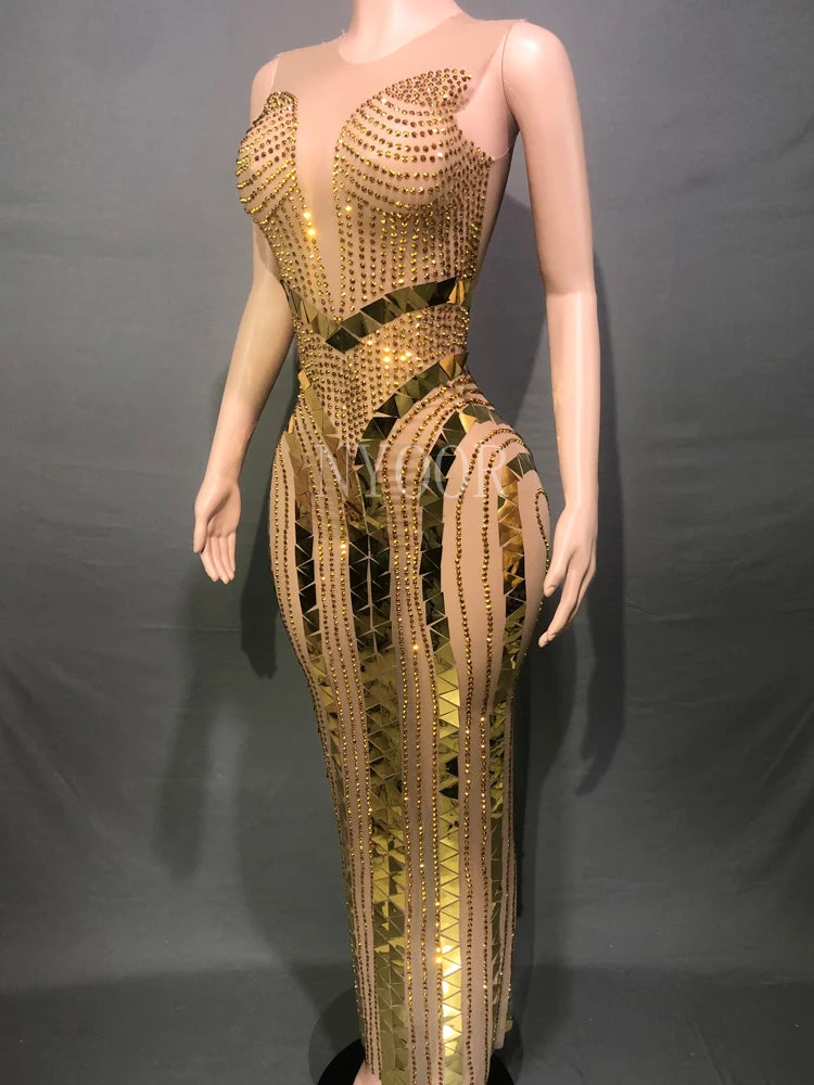 Golden Rhinestone Glitter Long Dress Sleeveless Transparent Mesh Petticoat Party Bar Show Wear Stage Costume