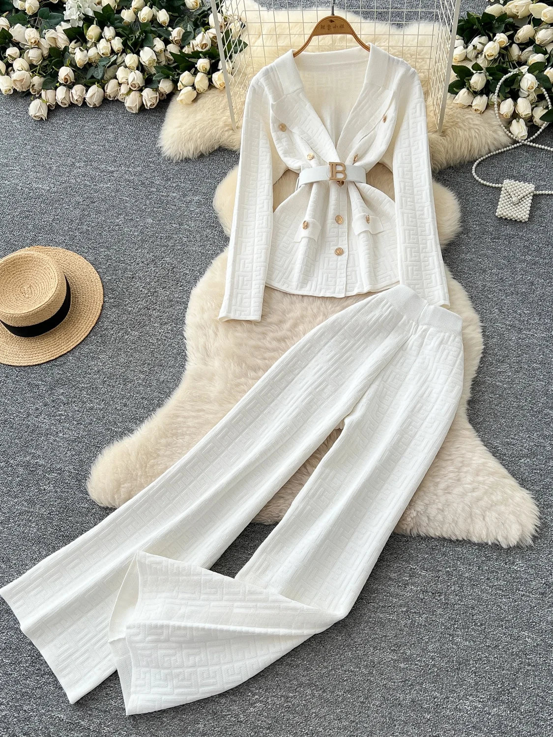 Elegant High Waist Pants Knitted Top with Belt Two Piece Set