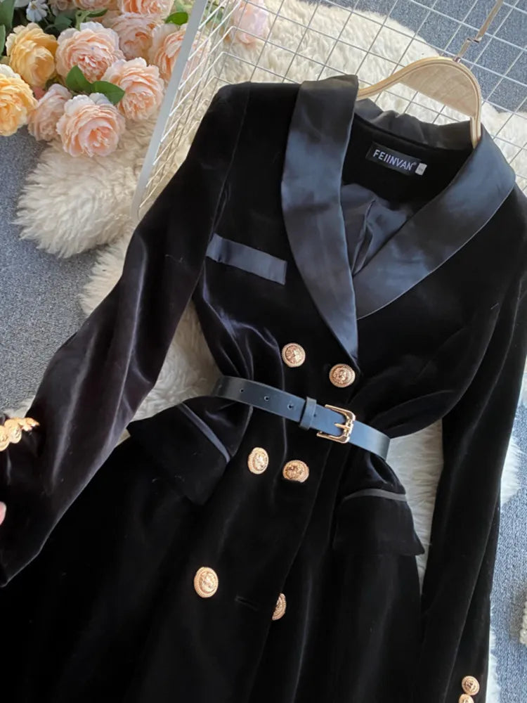 Velvet  Blazer Suit Winter Double Breasted Long Sleeve Coat