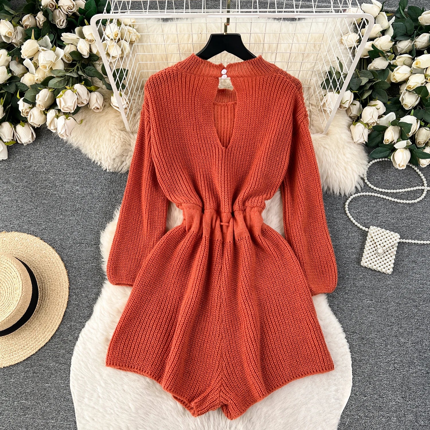 Korean Style Casual Bodysuits O Neck Long Sleeves Hollow Out Backless Drawstring Elastic Waist Shorts Jumpsuits