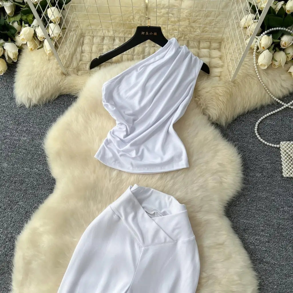 Two Pieces Sets Elegant Chic Skew Collar Pleated Tops + High Waist Flare Casual Pants  Outfits