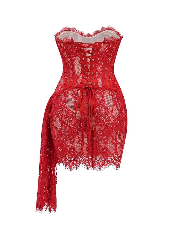 Strapless Lace Corset Lace-up Adjusted Draped Minu Bodycon Dress