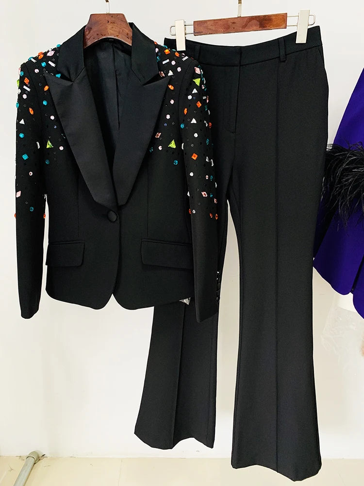 High Street Runway Fashion Suit Set Women's Slim Fitting Strass Diamonds Beaded Blazer Pants Set