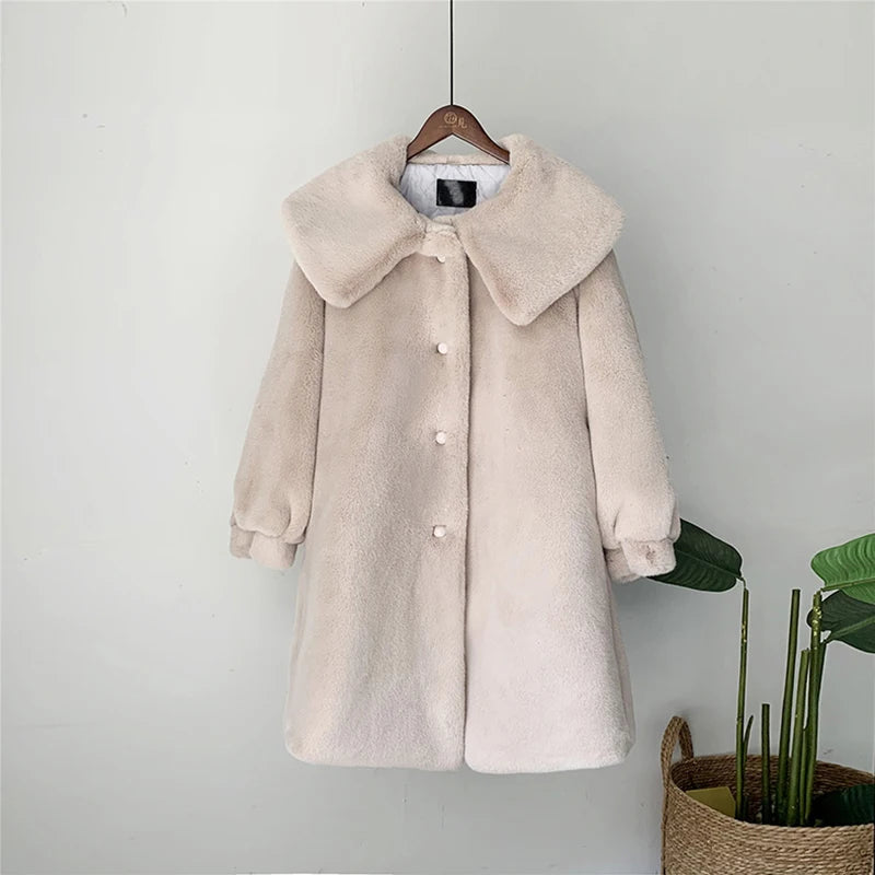 Turn Down Collar Faux Fur Long Coat Fake Mink Fur Plush Eco-coat Skirt Loose Overcoats Streetwear