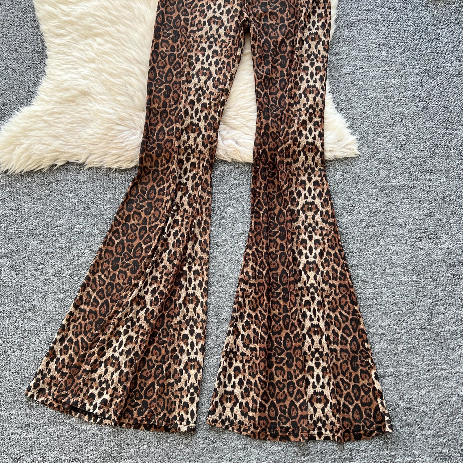 Leopard Strap Tops+Elastic Waist Flared Pants Set