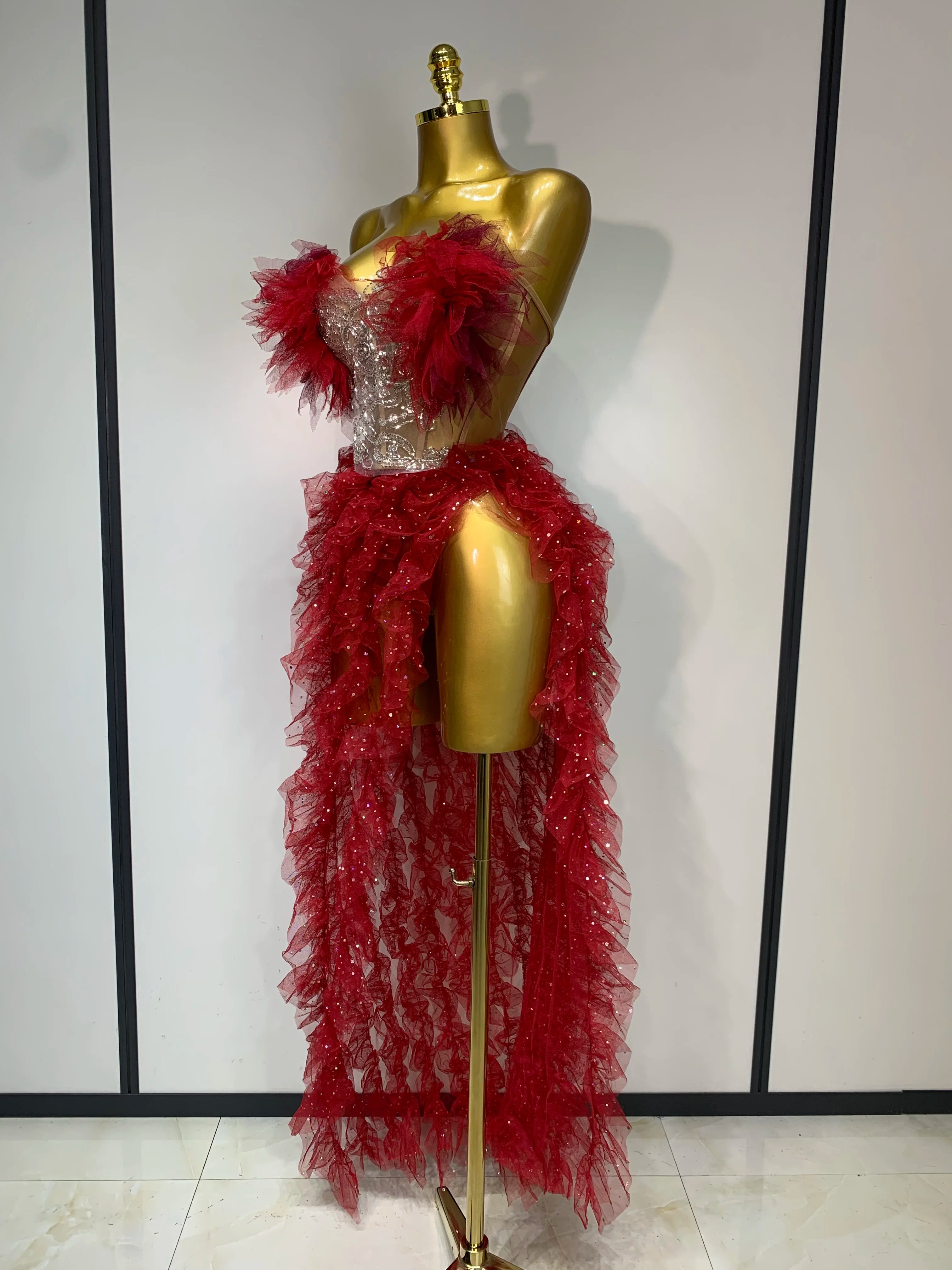 Strapless Ruffles two Pieces Set Bodycon Long Dress High Split Nightclub Birthday  Dress