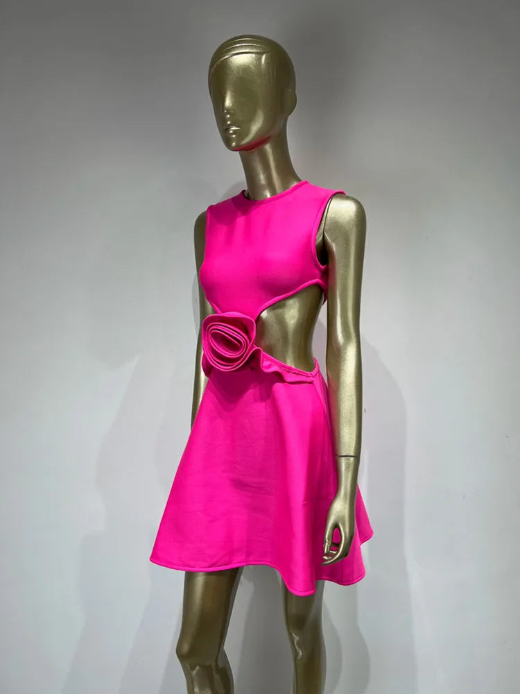 Sleeveless O Neck Flower Hot Pink Mini Bandage Dress