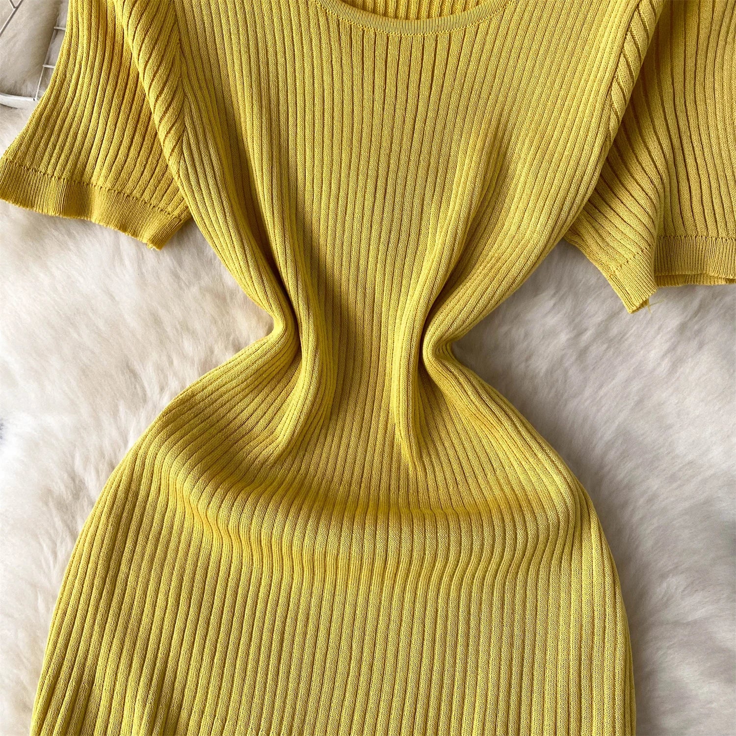 Elegant Stripe Knit Short Sleeves Mesh Patchwork Long Dress