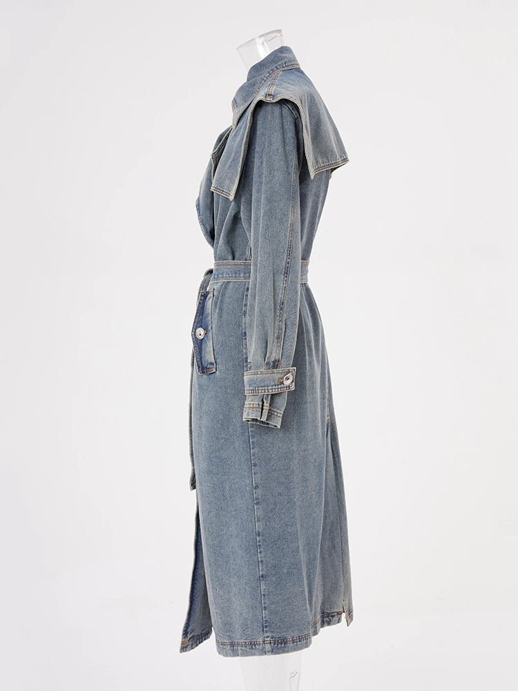 Blue Denim Big Size Long Trench Lapel Long Sleeve Loose Fit Windbreaker