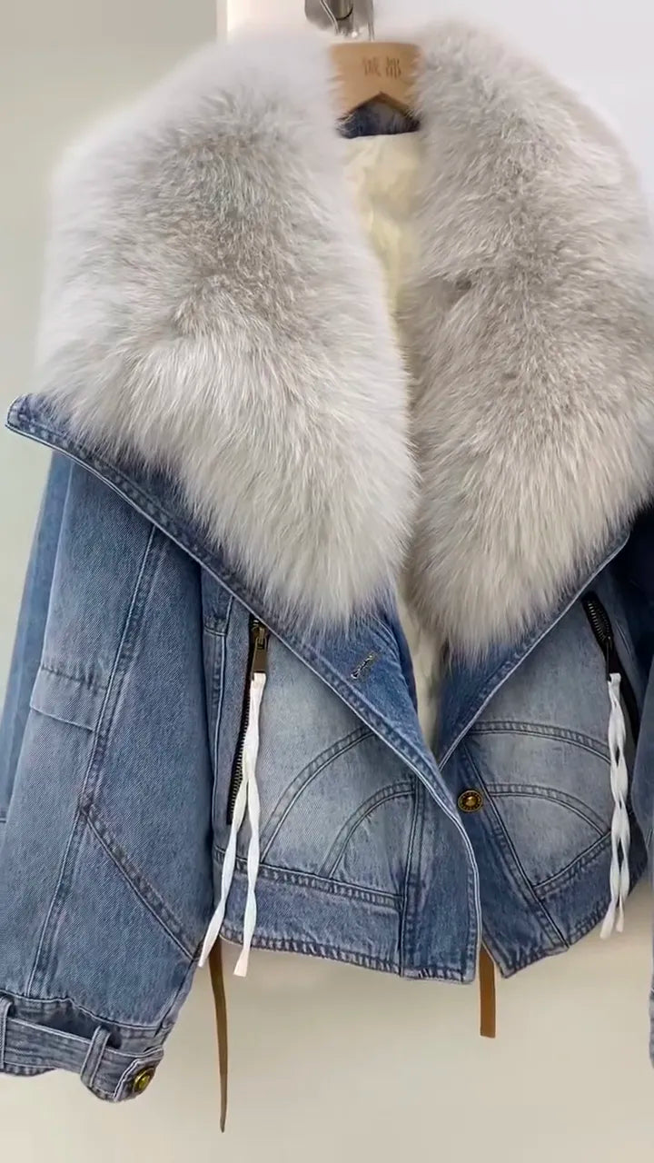 Denim Big White Fox Fur Collar Detachable Goose Down Filling Inner Lining High-End Jacket