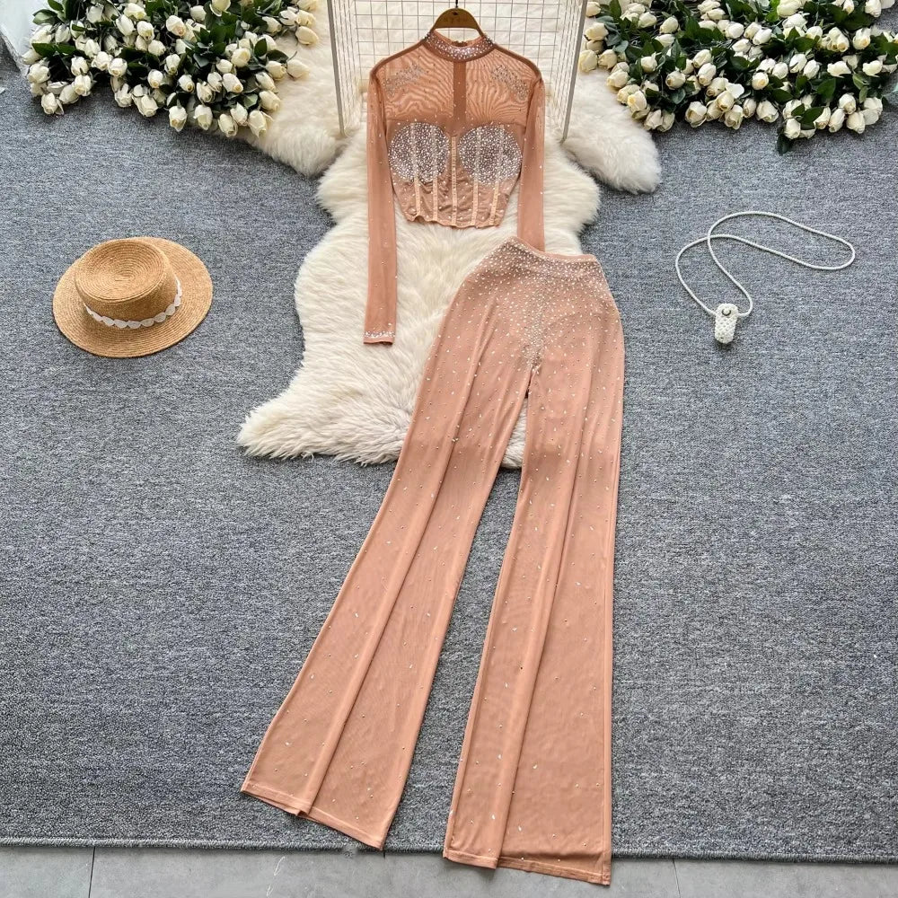 See Through Mesh Rhinestone Chic Two-piece Sets
