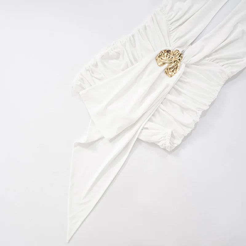 Sleeveless Halter Pleated Ribbon Deep V Backless Dress