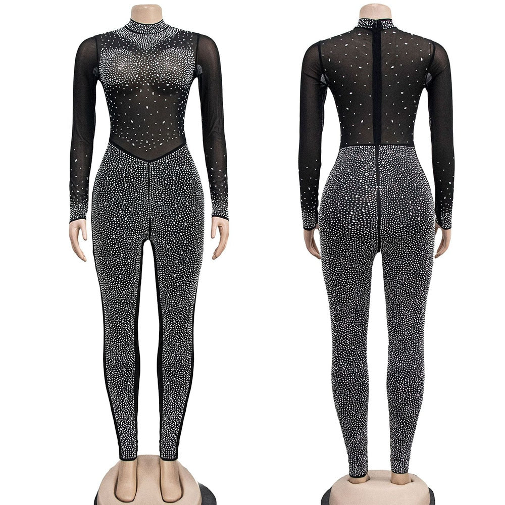 Sheer Mesh Rhinestone Bodycon Jumpsuit