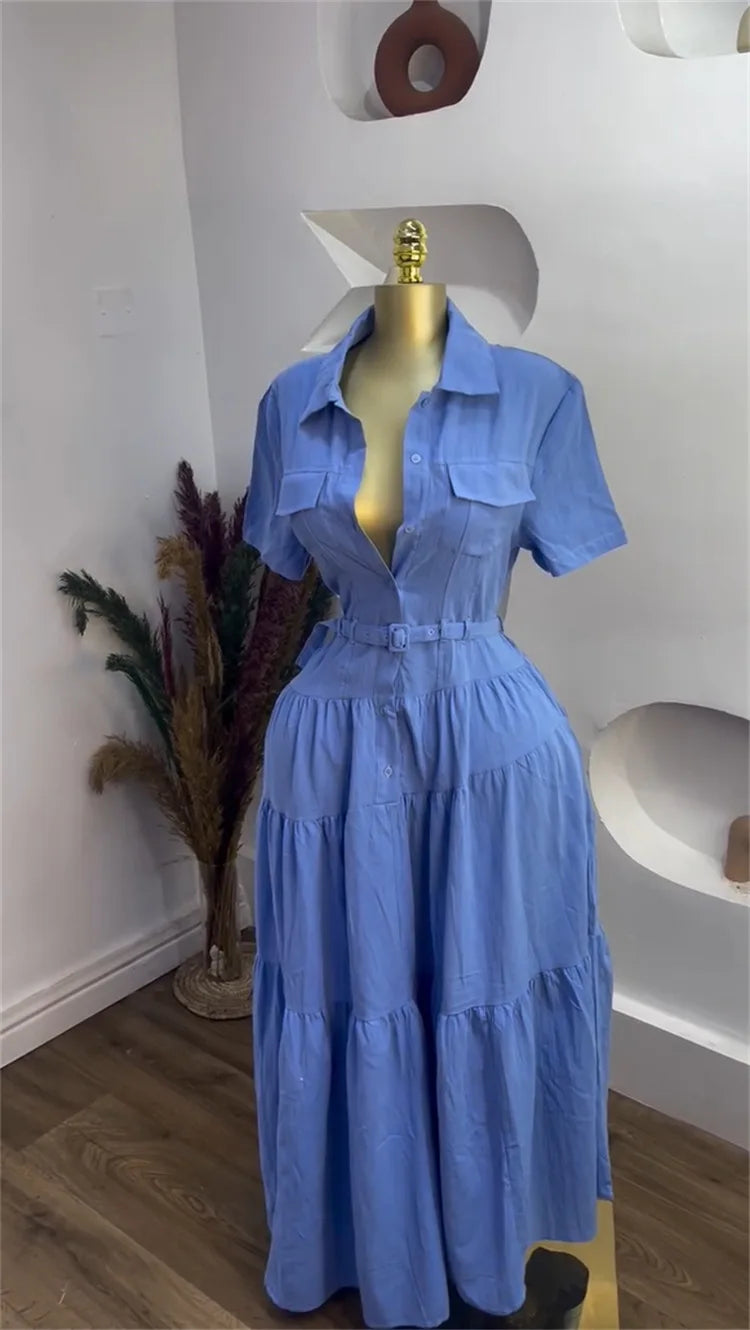 Short Sleeve Single Breasted Belt Long Maxi Dress