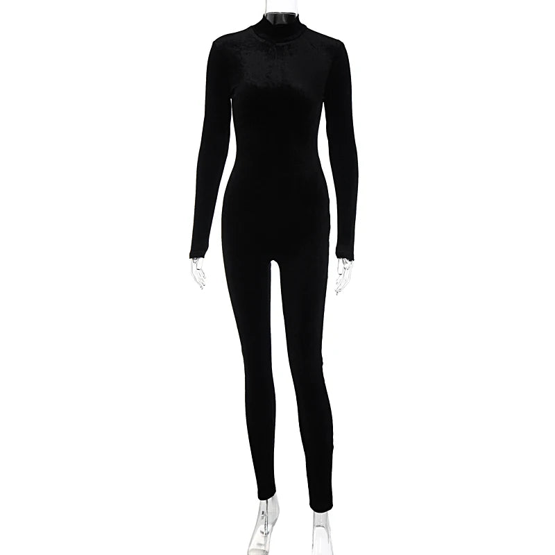 Y2K Long Sleeve O-Neck Bodycon Skinny Zipper Jumpsuit