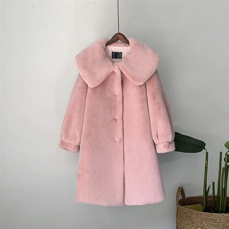 Turn Down Collar Faux Fur Long Coat Fake Mink Fur Plush Eco-coat Skirt Loose Overcoats Streetwear