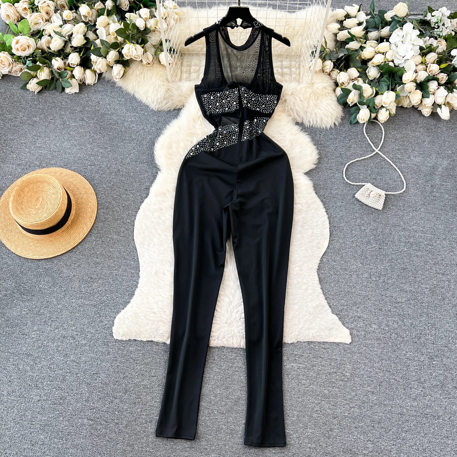 Beading Mesh Long Rompers Sleeveless Diamond Backless Slim Bodycon Sheer Jumpsuits