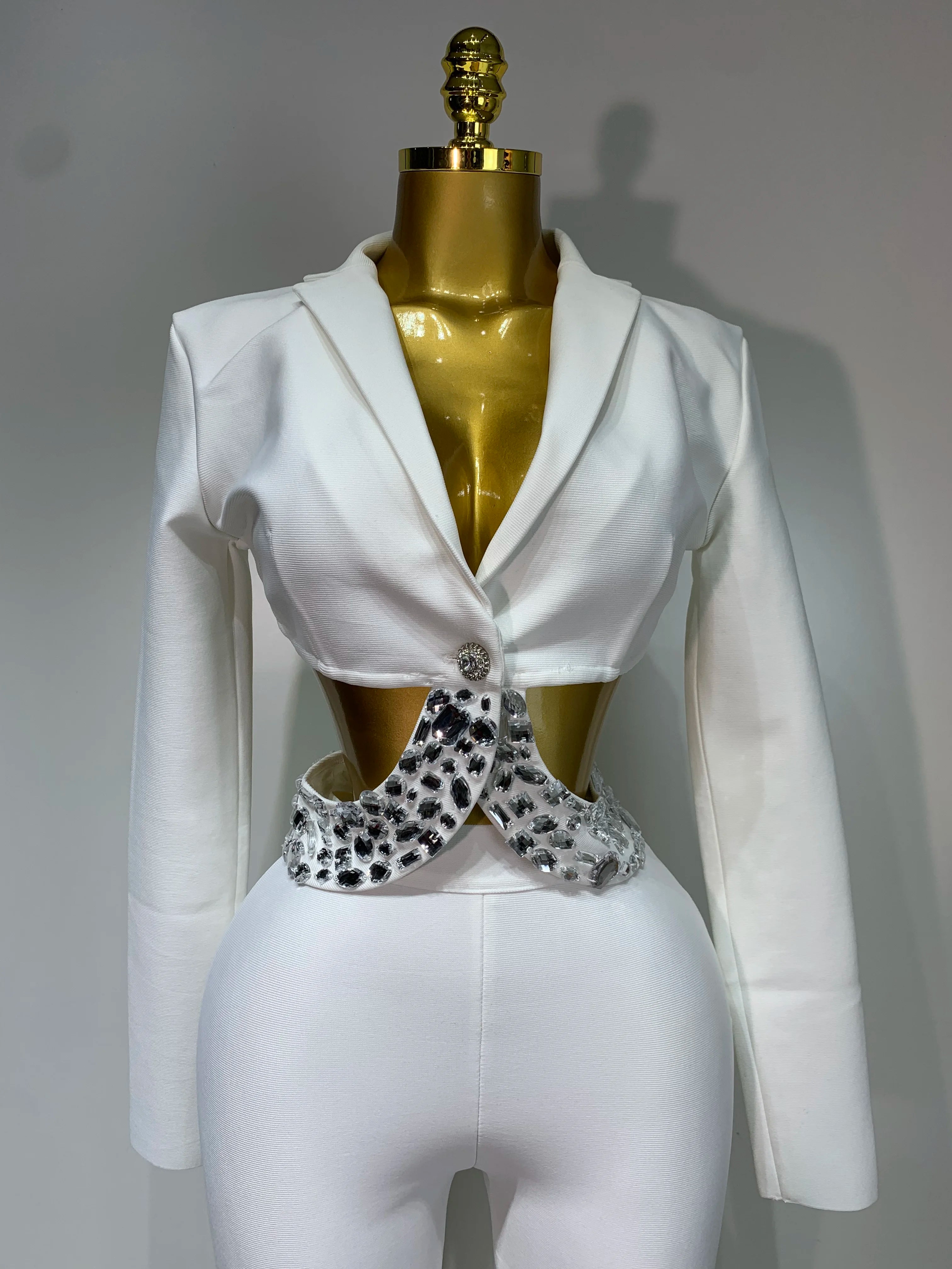 Luxury Two Piece Set Long Sleeve Beading Bodycon Top And Bandage Pants Set
