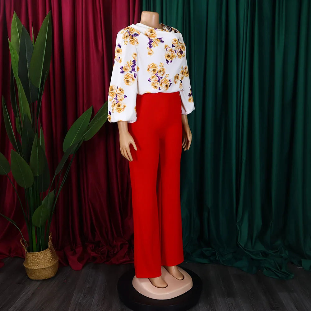 Two Piece Sets Slim Fit Print Floral Round Neck Lantern Sleeve Elegant Splice Wide Leg Long Pants