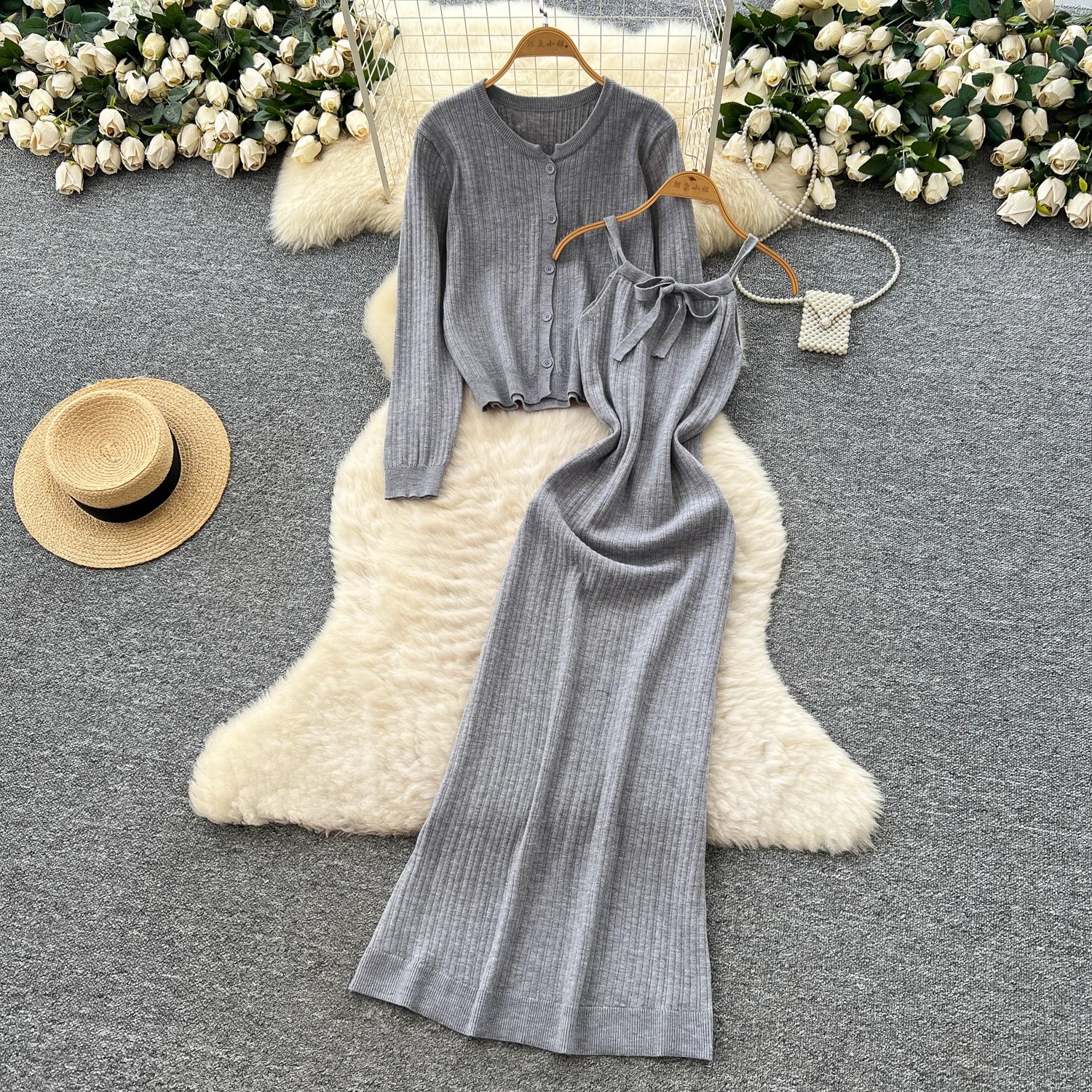 Elegant Long Sleeve Single Breasted Tops+Sleeveless Strap Bodycon Dress Knit Solid Sweater Sets