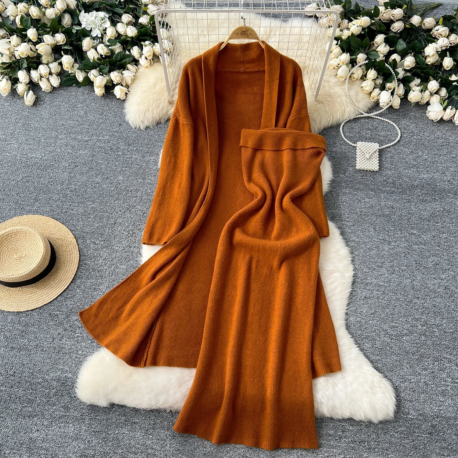Long Sleeves Oversize Cardigan+Strapless Bodycon Dress Solid Knit 2pcs Sets