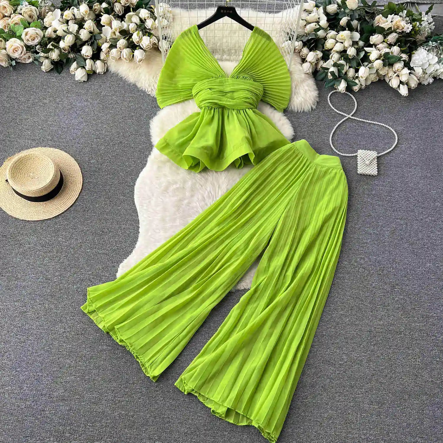 High End Elegant Pleated Sleeveless Chiffon Top+High Waist Wide Leg Pants Two Piece Set