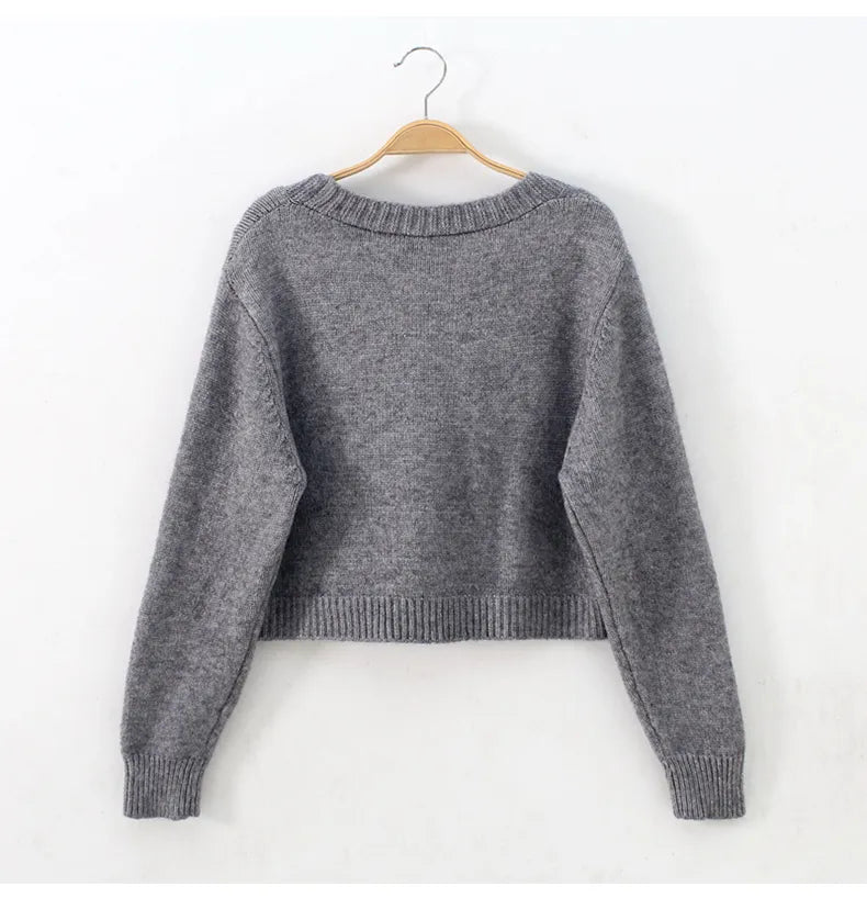 Autumn Winter Short Sweater Long Sleeve Crop Top Button Up Single Breasted Knitted Cardigan