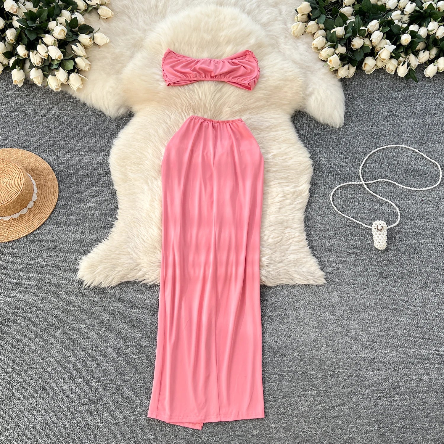 Criss-Cross Strapless Mini Tops+High Waist Split Bodycon Skirt Two Piece Set