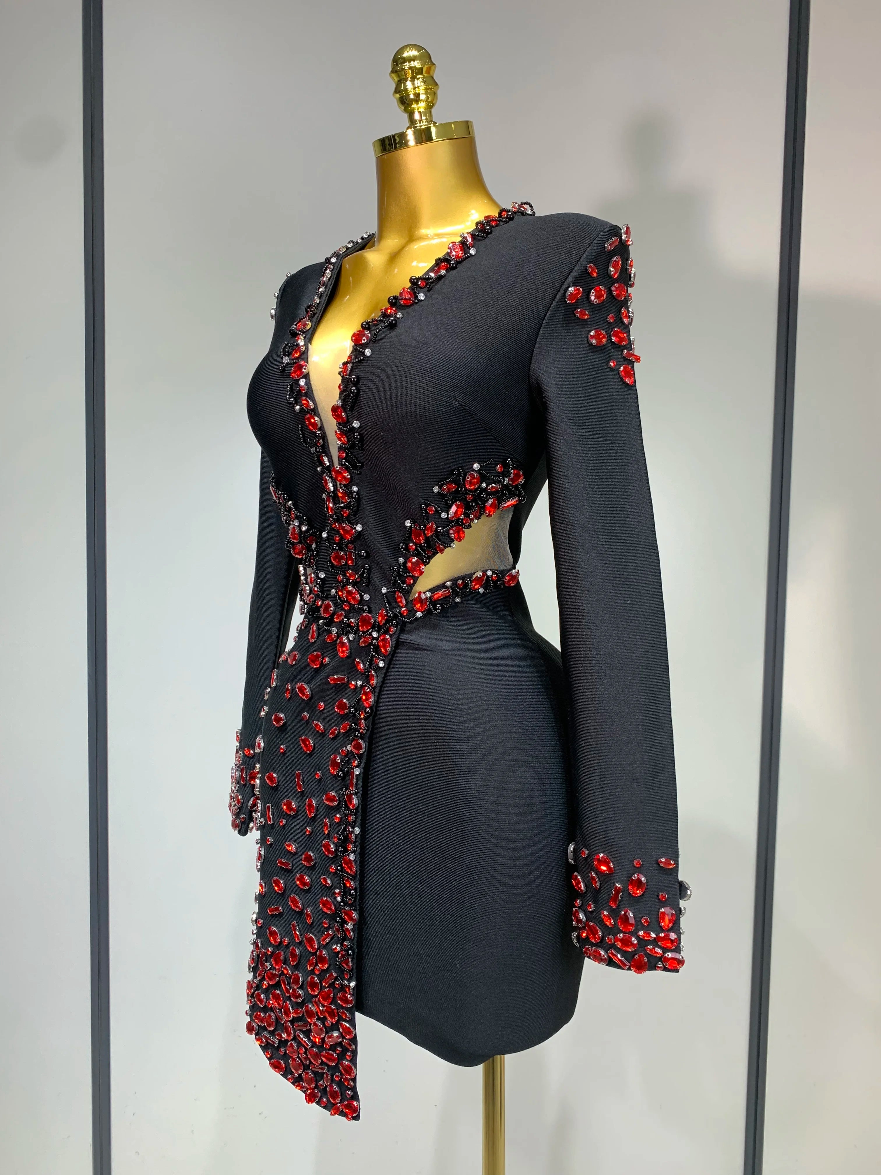 Luxury Long Sleeve V Neck Rhinestone Bandage Dress