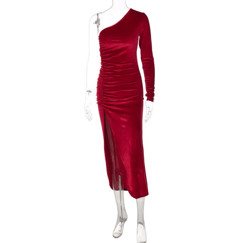 Elegant Long Sleeve Party Evening Velvet Bodycon Split Pencil Midi Dress