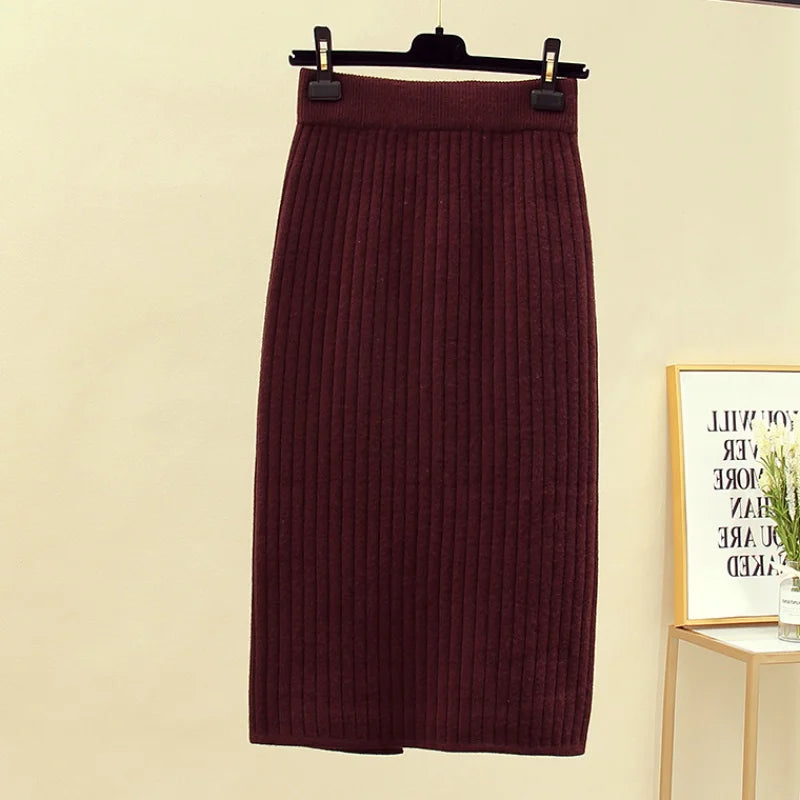 Stylish Knitted Slim Elastic High Waist Split Wrap Skirt Autumn Winter Skirts